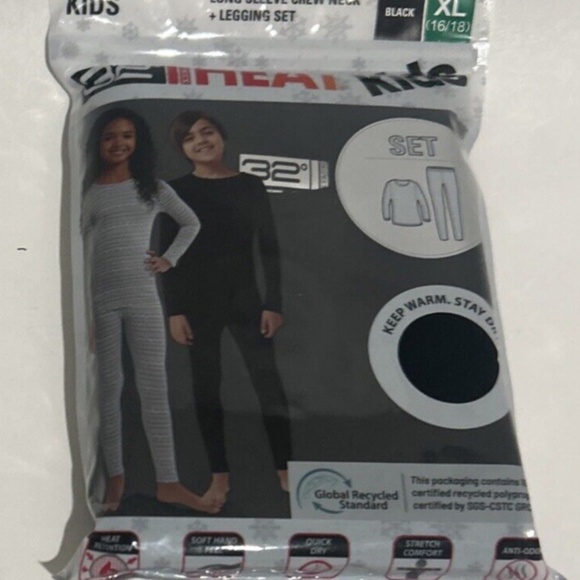 32 Degrees Heat Baselayer Set Kids Size Large Black 2 Pc Crew Shirt & Leggings - Picture 3 of 7